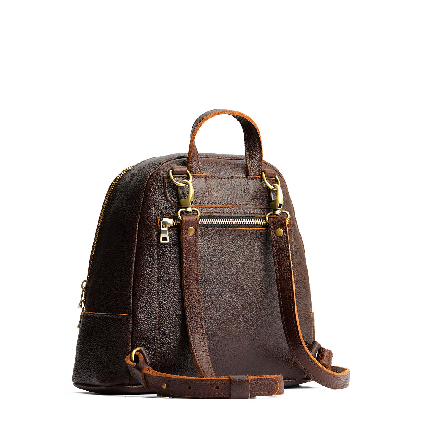 Coldbrew | Leather backpack with debossed Portland Leather logo on front, with zipper closure and straps with lobster clasps