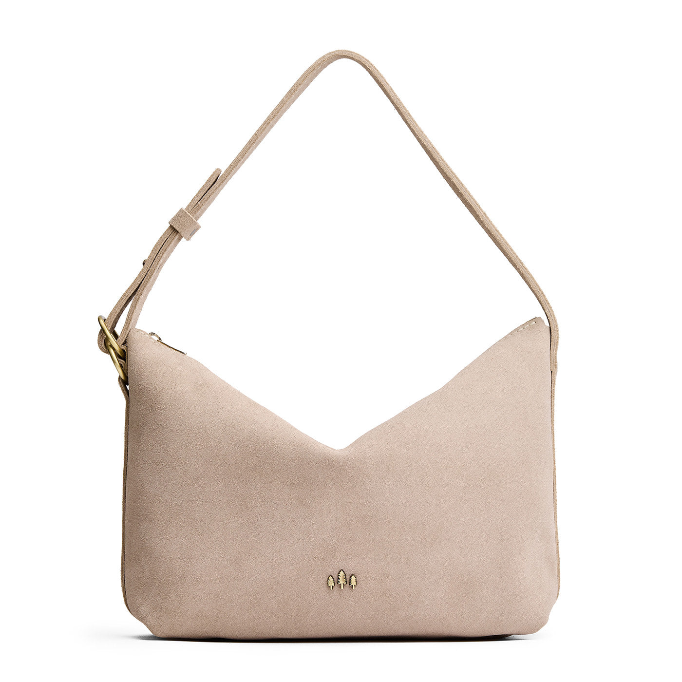 Taupe*Large | Slouchy Shoulder Bag that has a zipper opening and three metal tree emblems on a white background