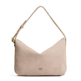Taupe Large | Slouchy Shoulder Bag that has a zipper opening and three metal tree emblems on a white background