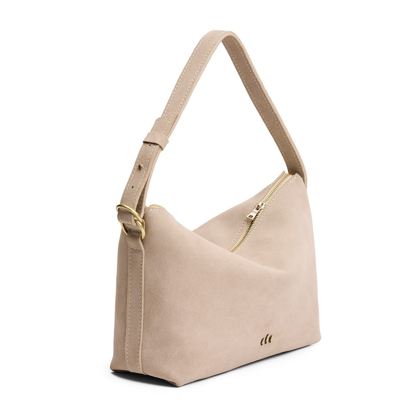 Taupe*Large | Slouchy Shoulder Bag that has a zipper opening and three metal tree emblems on a white background