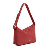 Cinnabar Small | Slouchy Shoulder Bag that has a zipper opening and three metal tree emblems on a white background