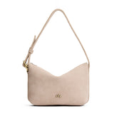 Taupe Small | Slouchy Shoulder Bag that has a zipper opening and three metal tree emblems on a white background