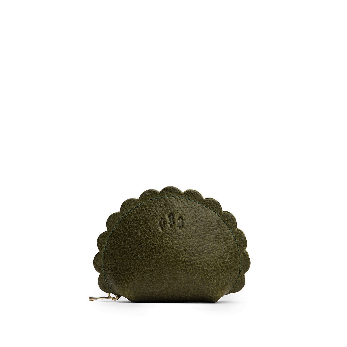 Pebbled Olive*Small | Curved leather pouch with zipper and scalloped edges