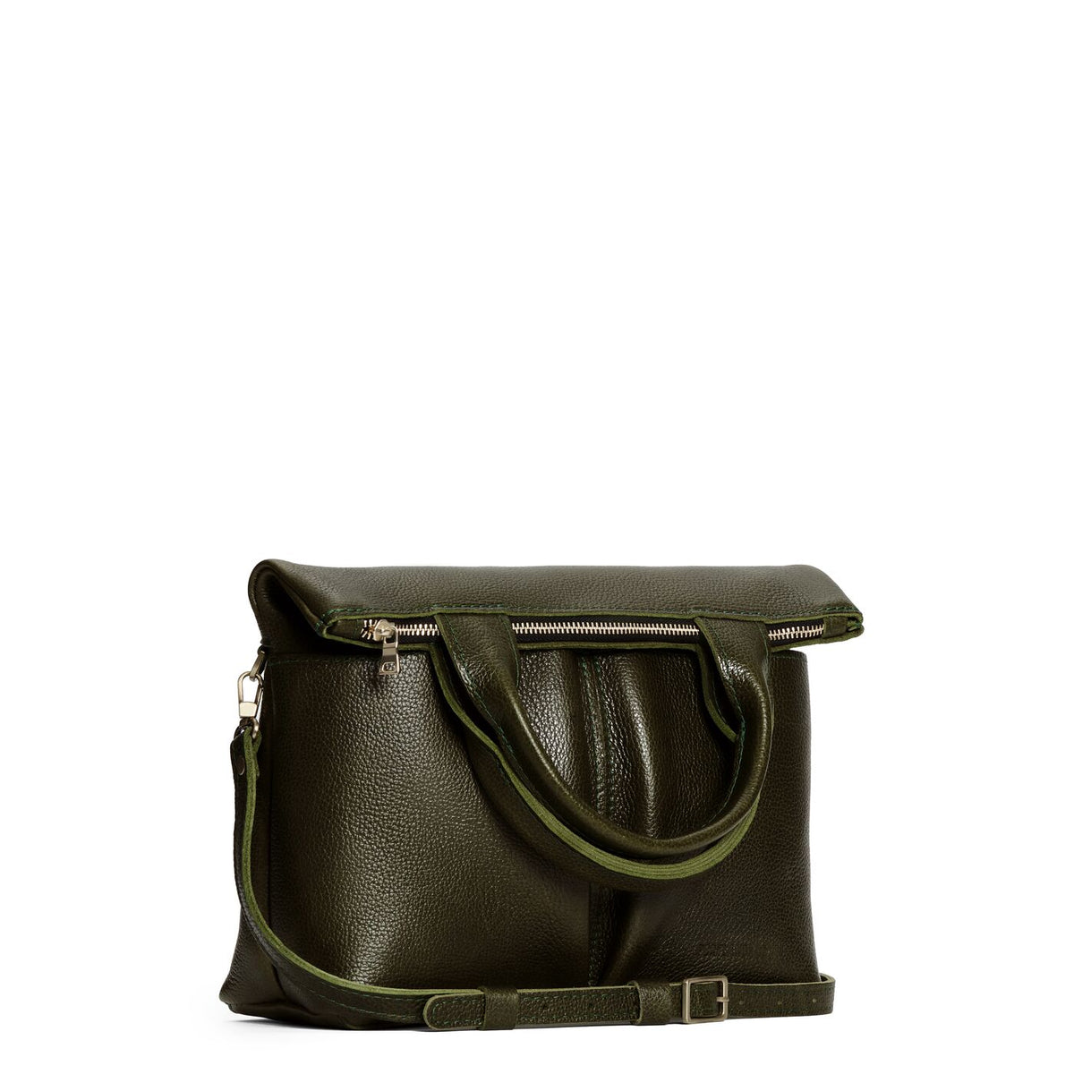 Pebbled Olive*Small | Convertible tote clutch crossbody with two large front pocket and top carry handles folded into a clutch