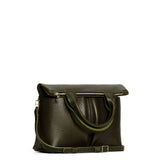 Pebbled Olive Small | Convertible tote clutch crossbody with two large front pocket and top carry handles folded into a clutch