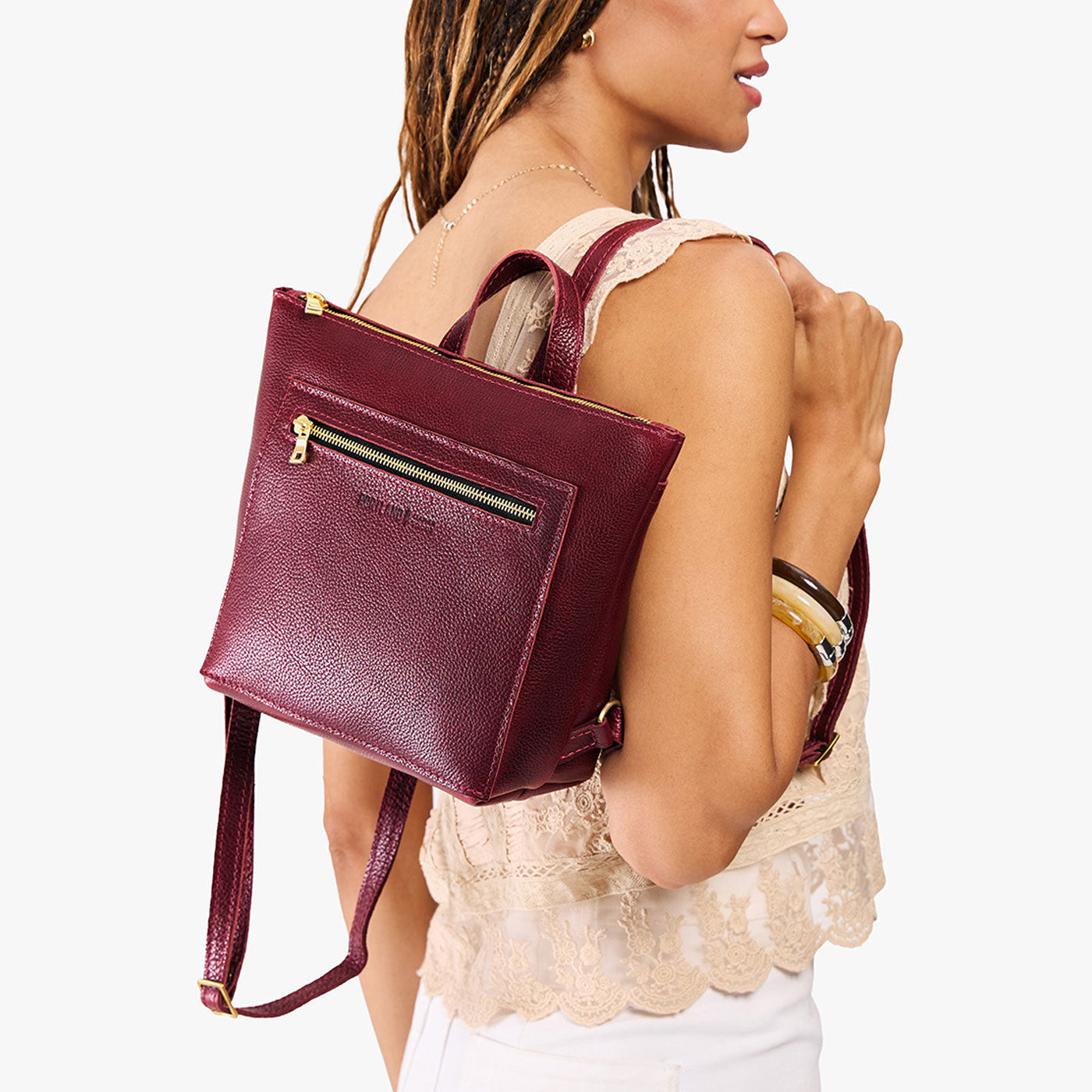 Cabernet*Small | Model wearing square slim leather tote backpack 