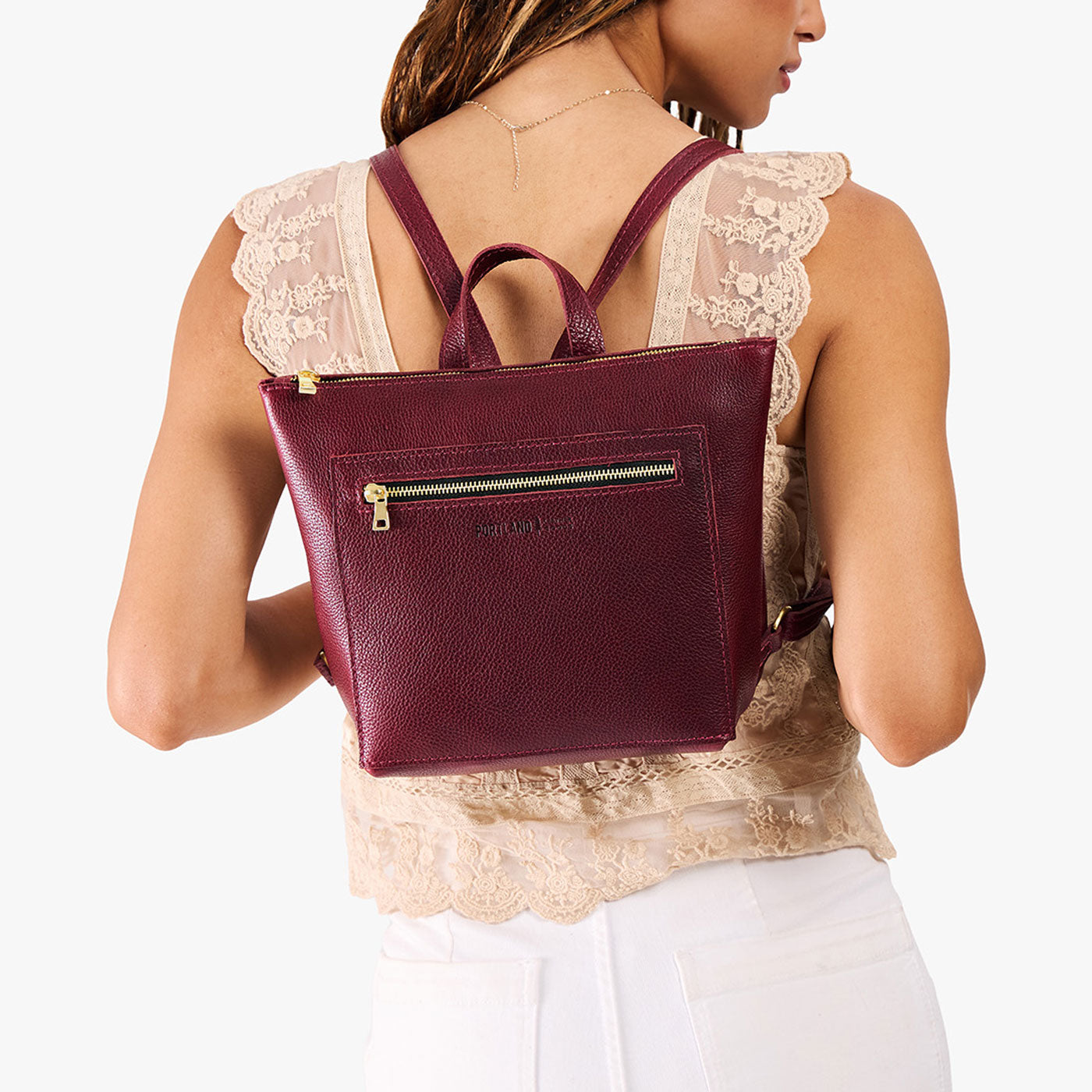 Cabernet*Small | Model wearing square slim leather tote backpack 