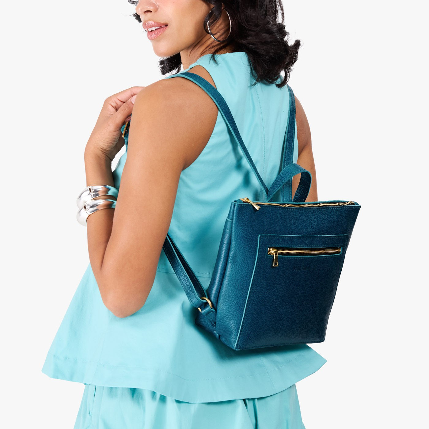 Planetary*Small | Model wearing square slim leather tote backpack 