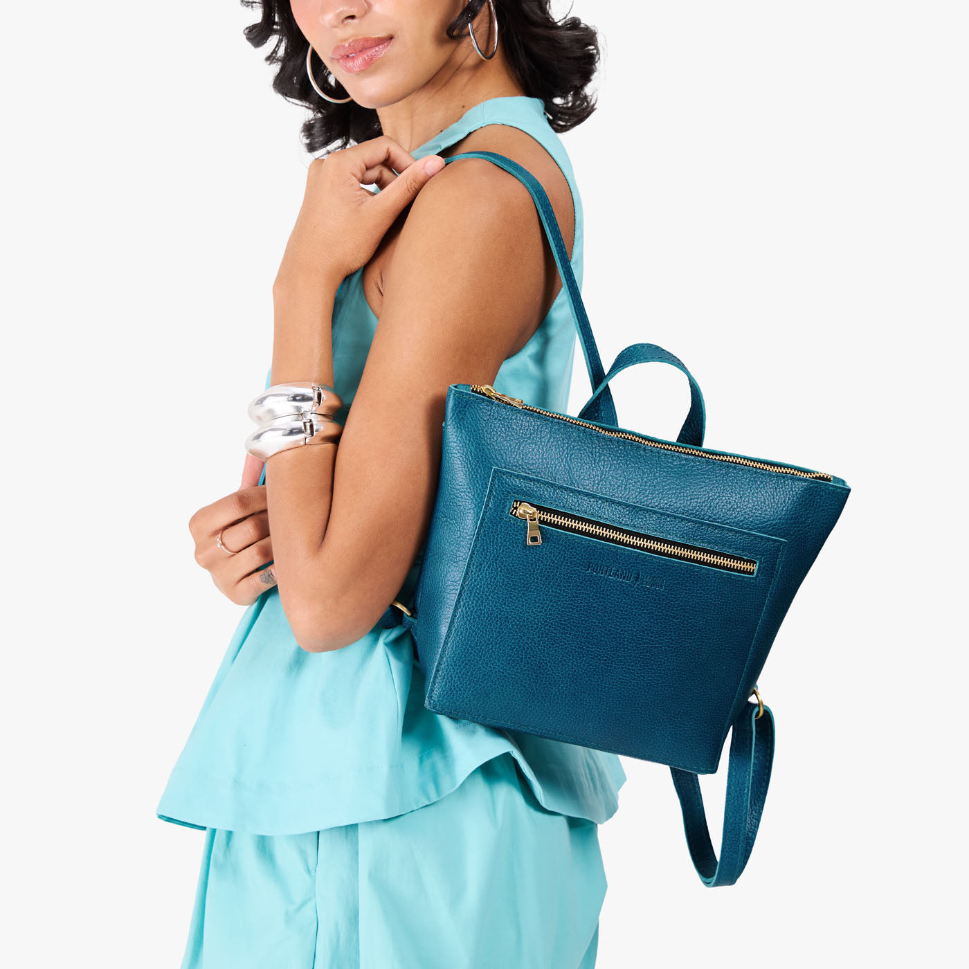 Planetary*Small | Model wearing square slim leather tote backpack 