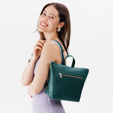 Sea Glass Small | Model wearing square slim leather tote backpack 