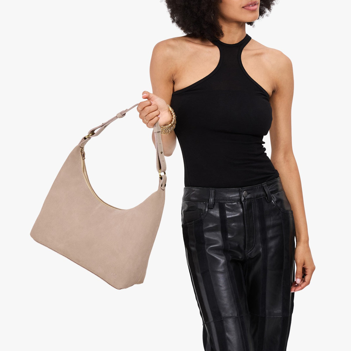 Taupe*Small*Classic | U-shaped shoulder bag with adjustable strap and fringe detail
