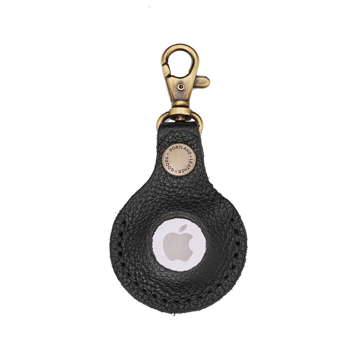 Pebbled--black | Round leather AirTag holder with snap closure and swivel lobster claw clasp