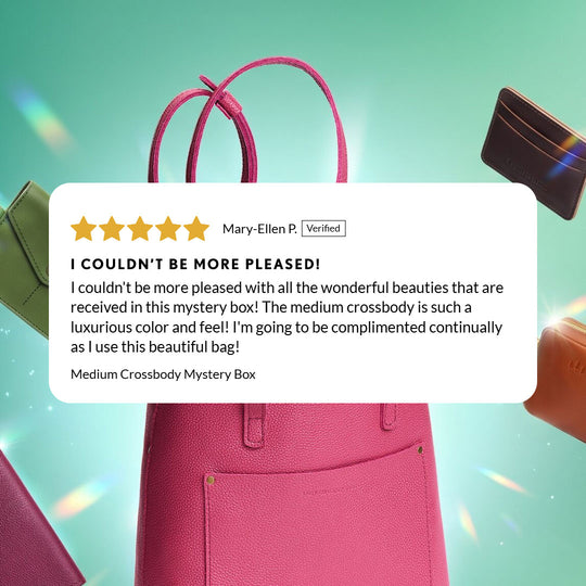 A promotional graphic for a mystery box featuring a Medium Crossbody and small pouches on a sparkly background, with a large review card in the center.