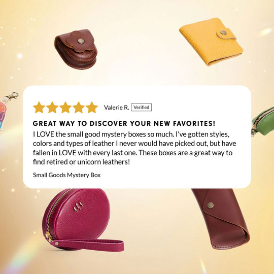 A promotional collage on a warm cream background showing several leather accessories around a large review card.
