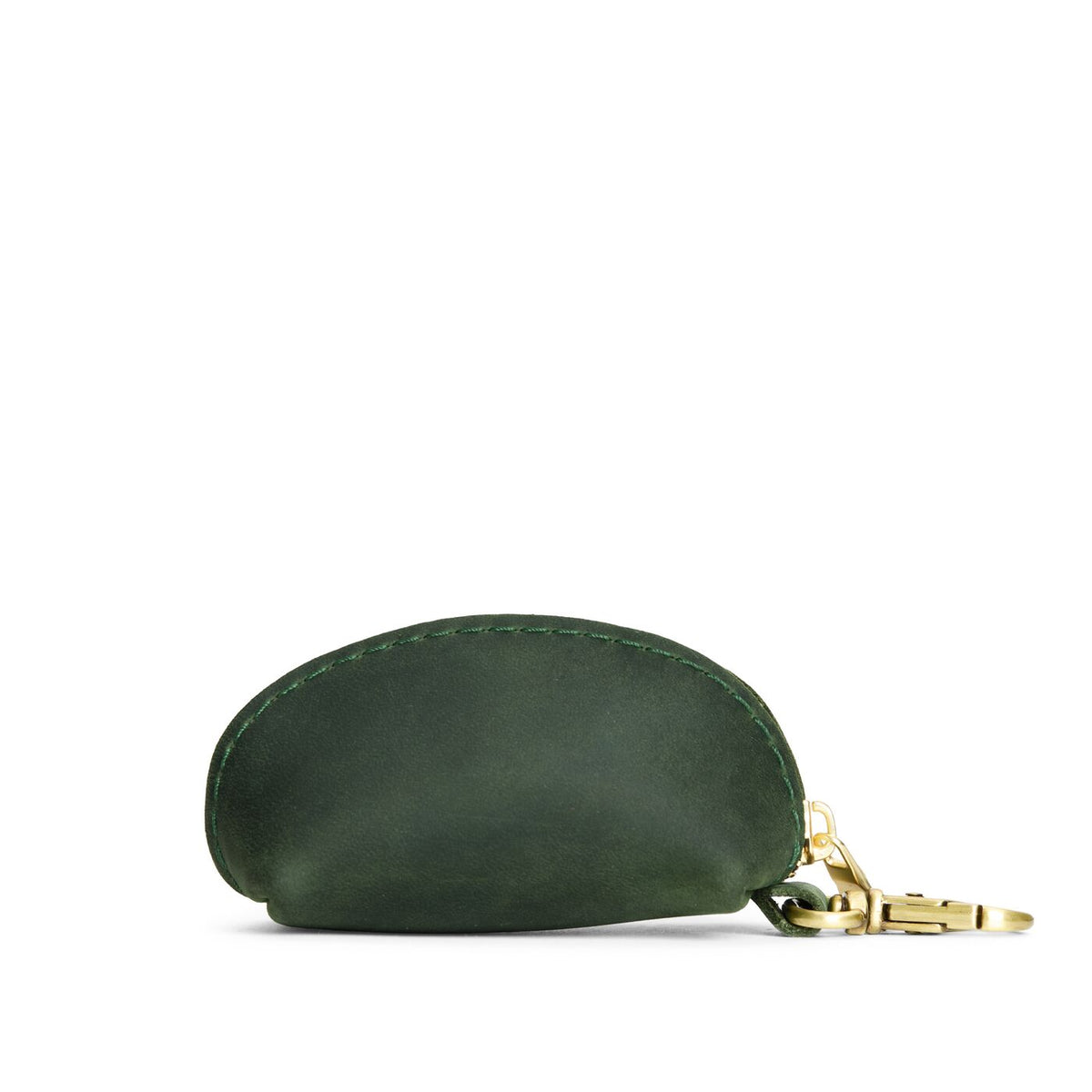 Evergreen | Taco shaped leather pouch with zipper and swivel lobster clasp on white background