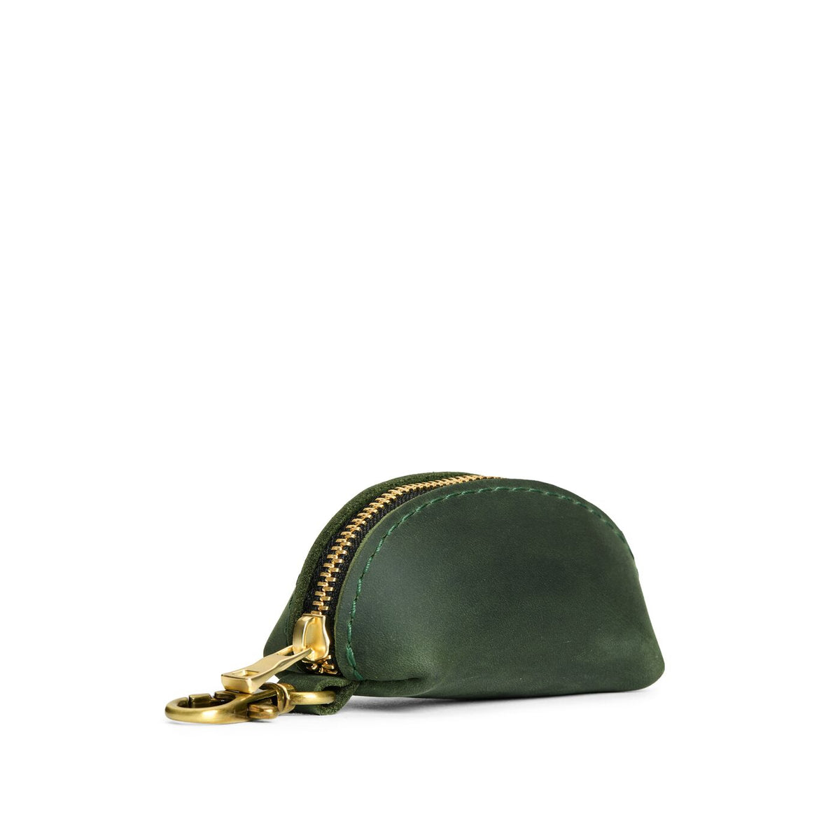 Evergreen | Taco shaped leather pouch with zipper and swivel lobster clasp on white background