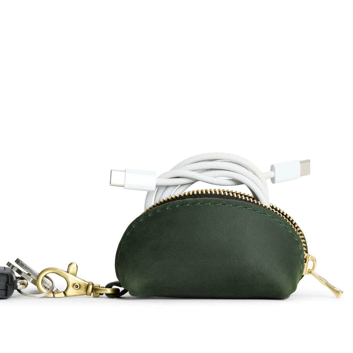 Evergreen | Taco shaped leather pouch with zipper and swivel lobster clasp on white background