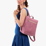 Hollyhock | Model wearing square slim leather tote backpack