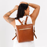 All Color: Honey Classic | Model wearing square slim leather tote backpack
