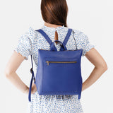 Molino Blue Classic | Model wearing square slim leather tote backpack