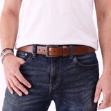 Amber | Mens smooth leather belt with antique brass buckle on model