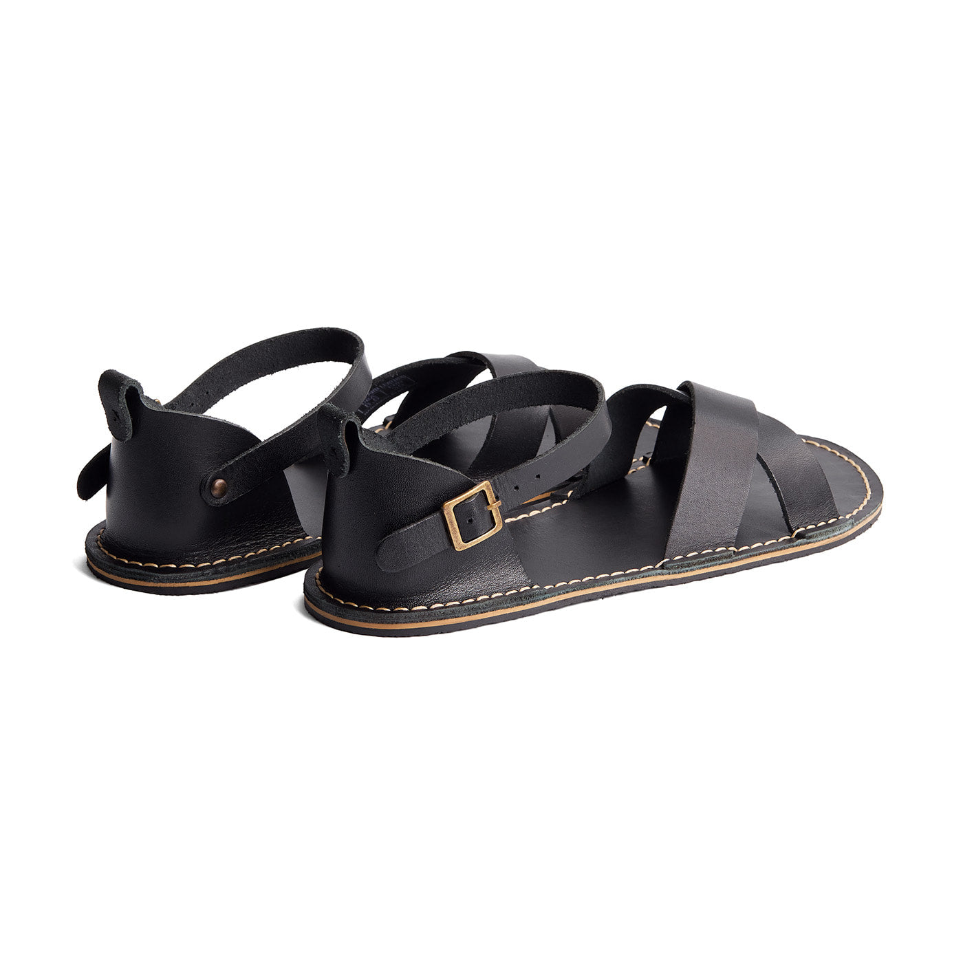 Nero | Flat leather sandals with ankle straps and debossed PLG three tree logo in sole