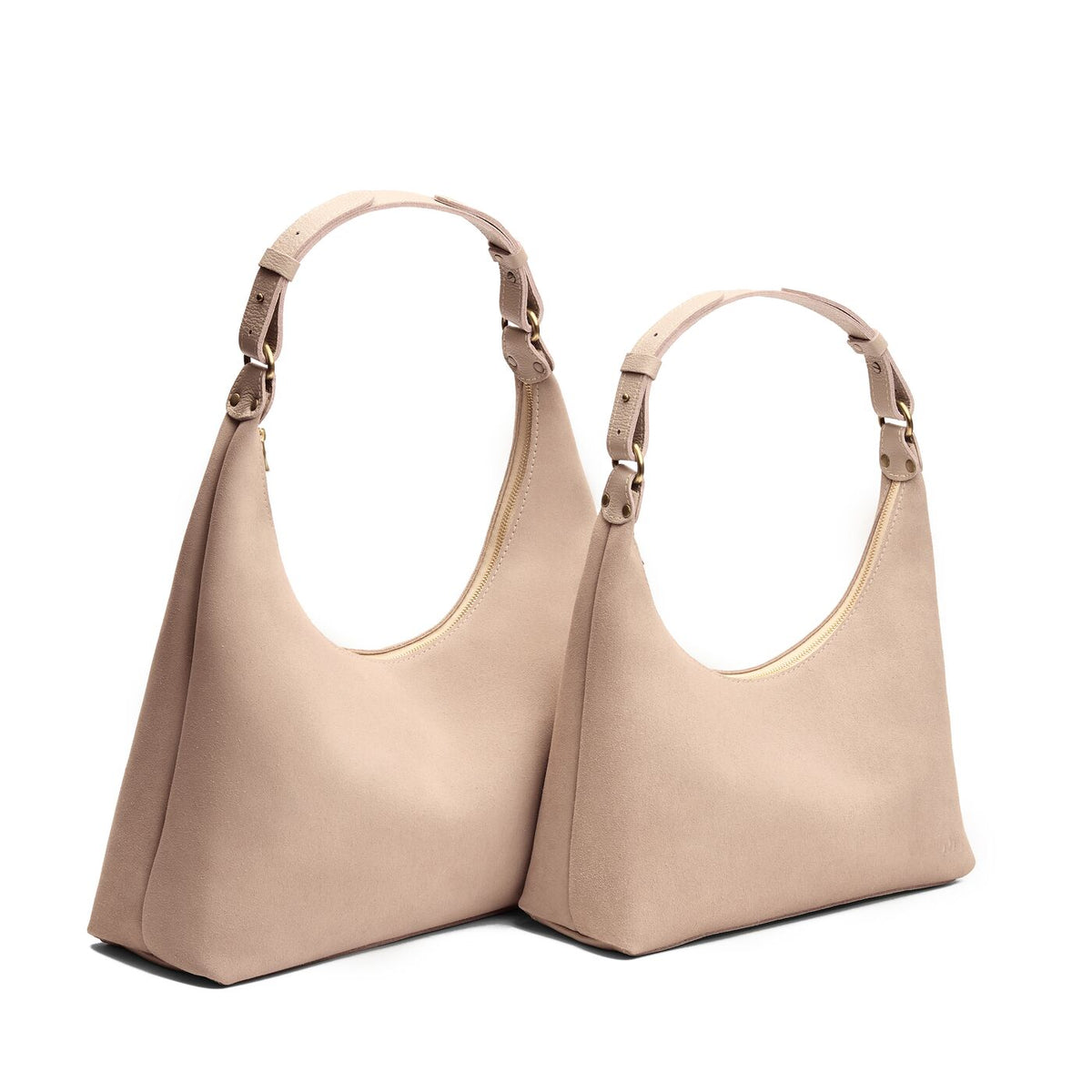 Taupe | Classic size comparison of a U-shaped shoulder bag with adjustable strap