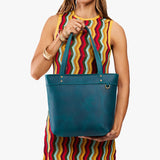 Westward Blue Medium Zipper | Leather tote bag with riveted straps and exterior key loop