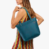 Westward Blue Medium Zipper | Leather tote bag with riveted straps and exterior key loop