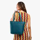 Westward Blue Medium Zipper | Leather tote bag with riveted straps and exterior key loop