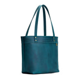 Westward Blue Medium Zipper | Leather tote bag with riveted straps and exterior key loop
